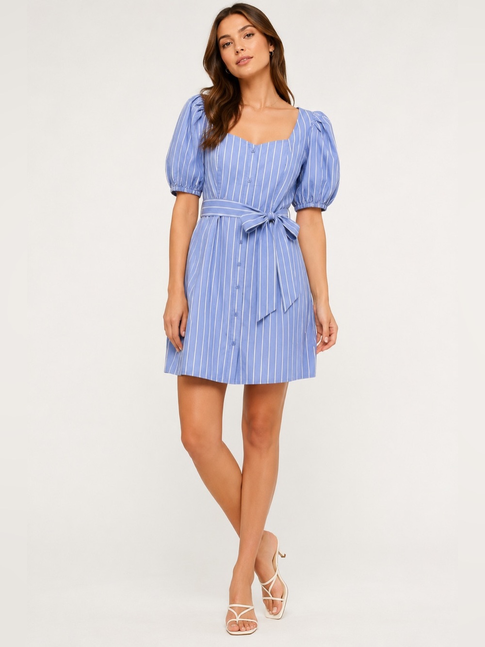 Express Blue & White Pinstripe Puff Sleeve Belted Mini Dress Size Medium